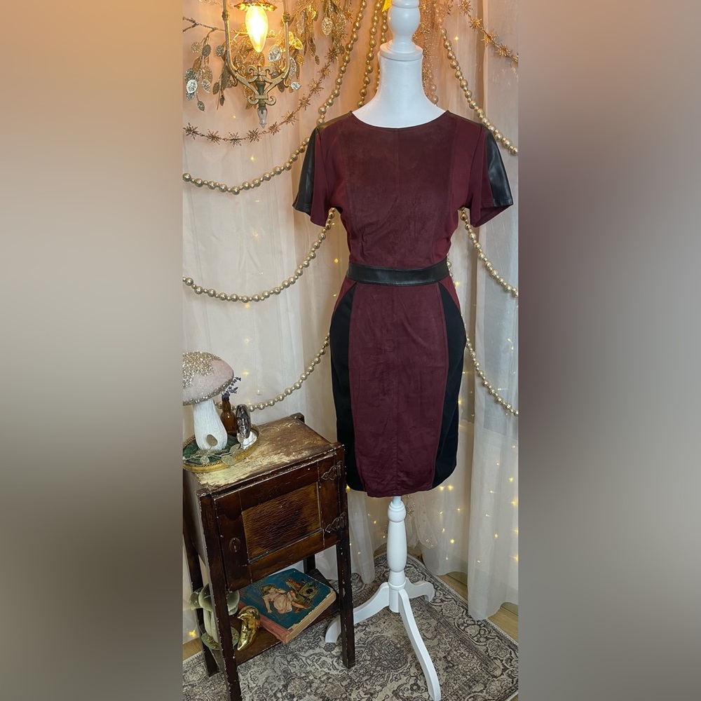 Worthington Red Sheath Dress Sleeveless Crew Neck Midi with Leather detail